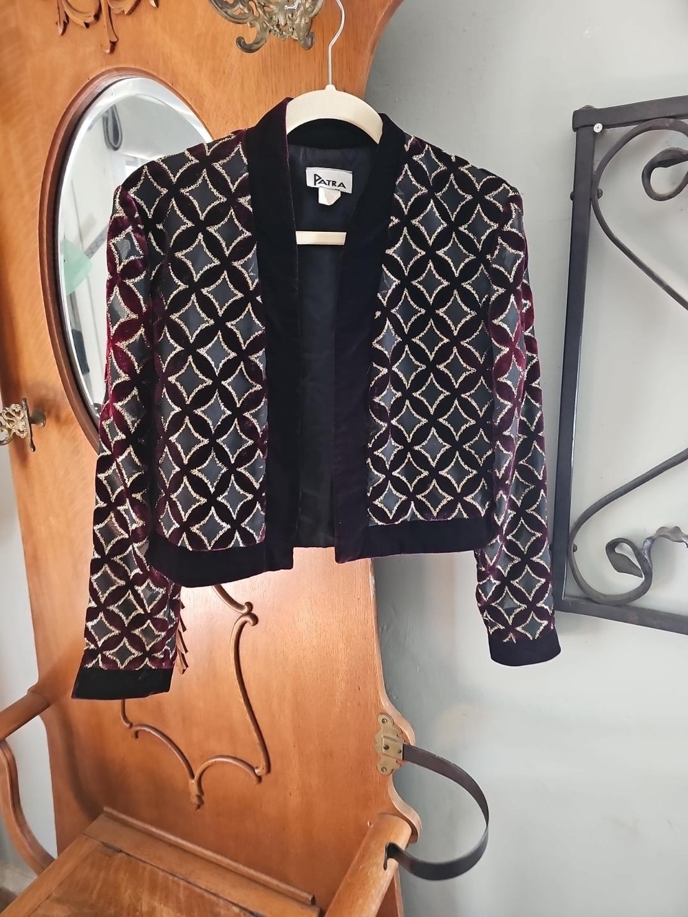 Patra Burgundy and Black Velvet Geometric Open Jacket